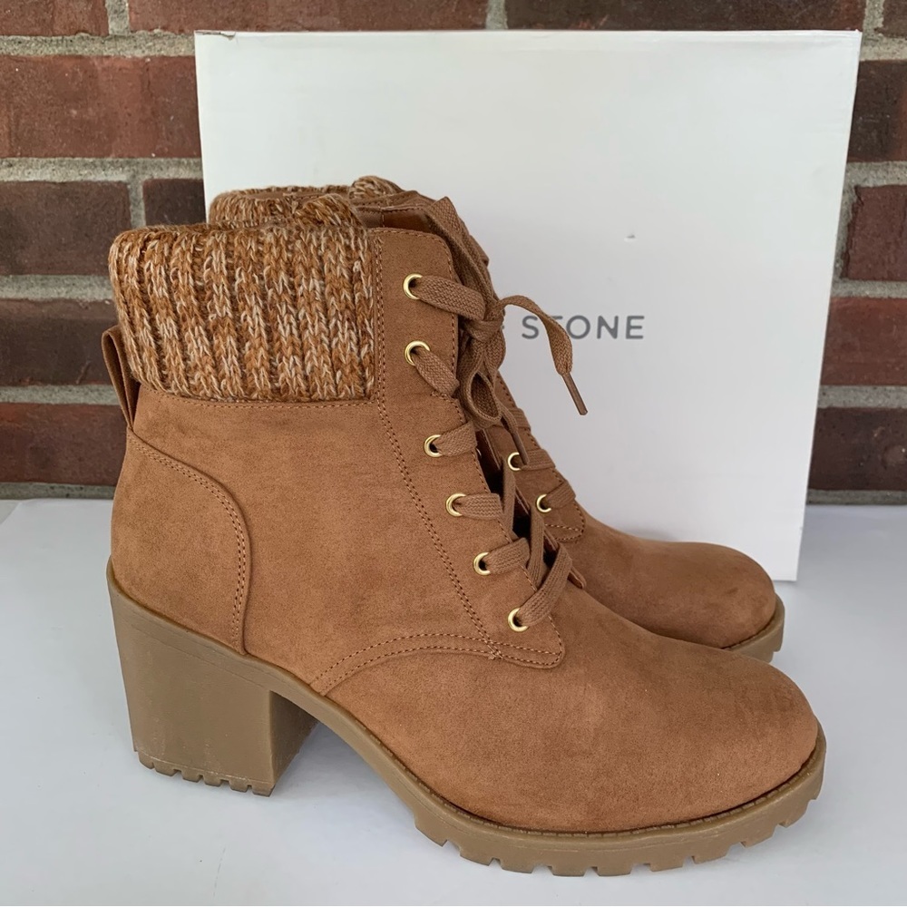 Knit-Cuff Lace-Up Block Heel Ankle Boots - Brown